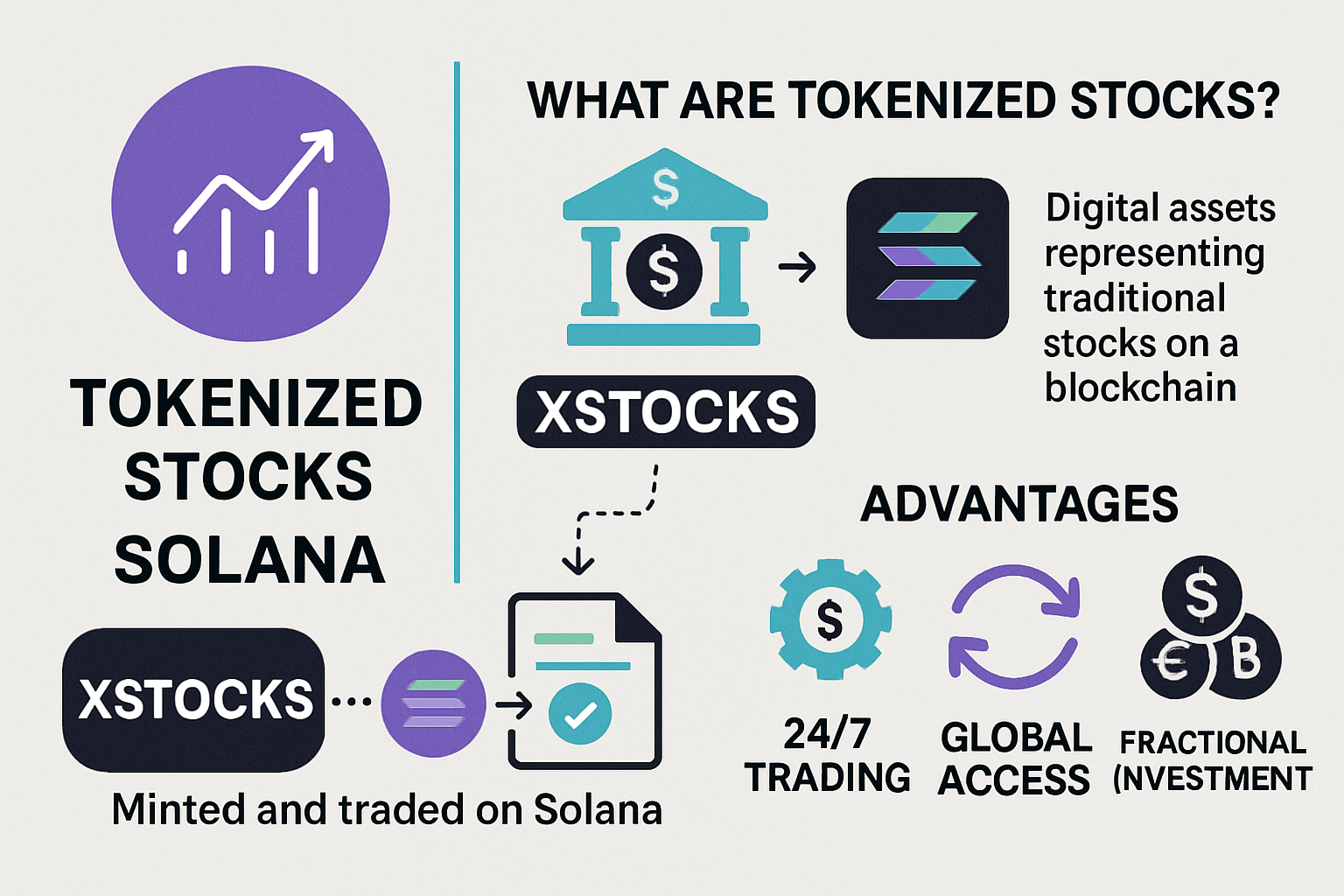 Visual breakdown of tokenized stocks on Solana blockchain, showing digital tokens representing real U.S. equities like Tesla and Apple, with blockchain and DeFi integration elements