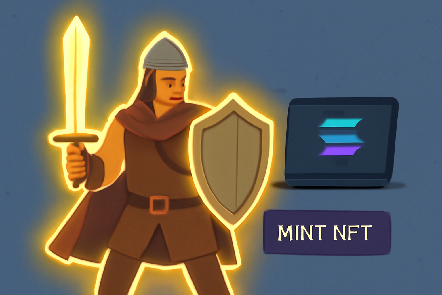 epic fantasy hero NFT minting on Solana blockchain, medieval warrior glowing