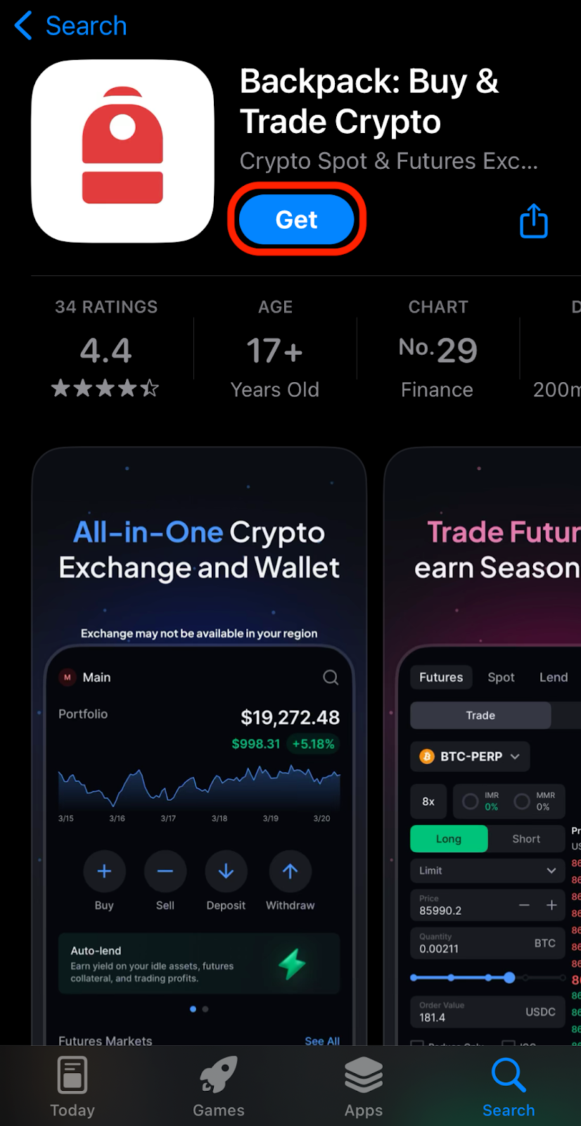 Backpack Wallet user interface dashboard screenshot