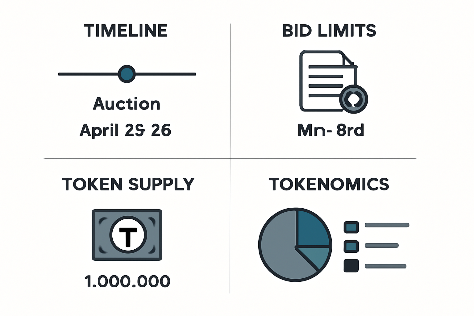 A digital info card displaying auction details: timeline, bid limits, token supply, and a pie chart for tokenomics, modern style