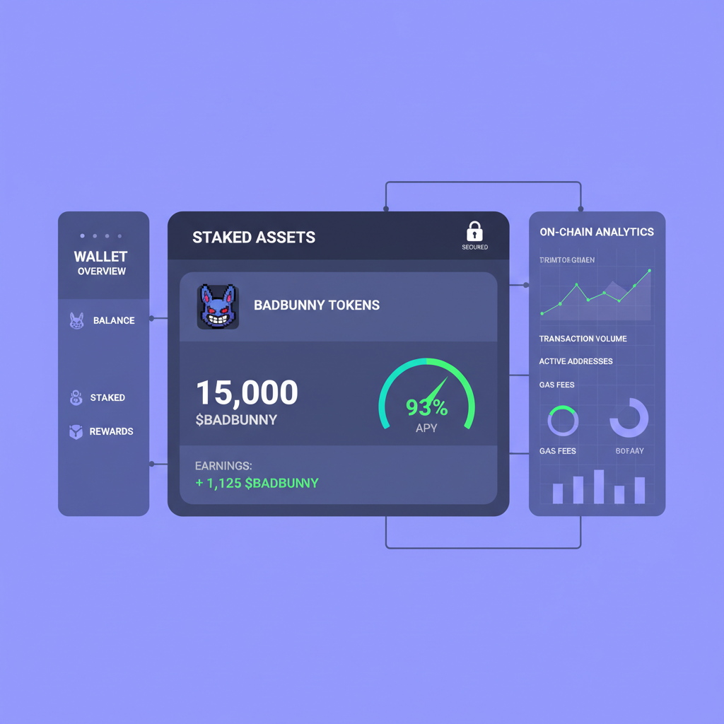 Secure crypto wallet dashboard with $BADBUNNY tokens staked, APY gauge at 93%, on-chain analytics overlay