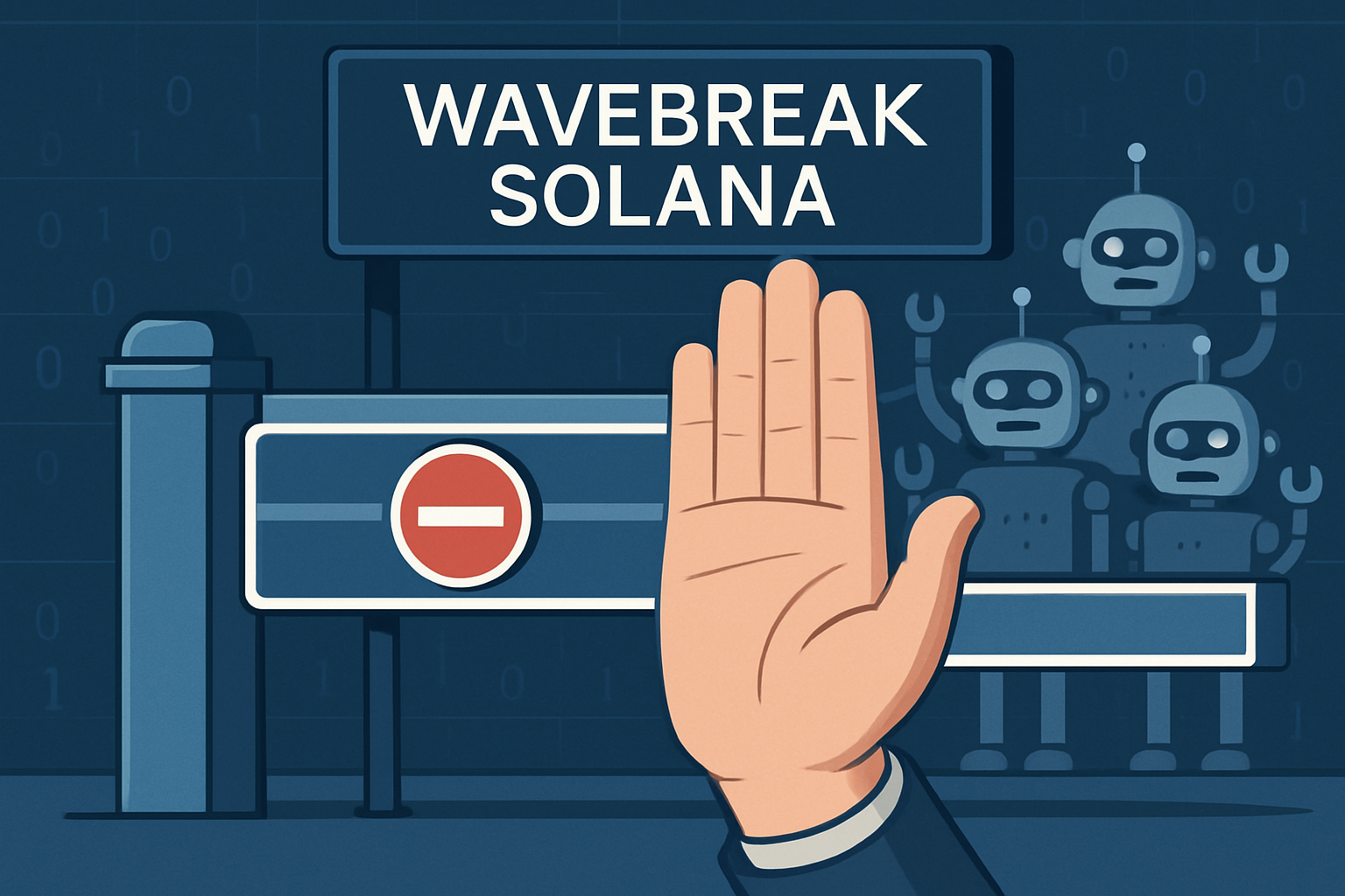Illustration of a human hand blocking robotic bots from entering a digital gate labeled Wavebreak, symbolizing Solana's anti-bot fair-launch architecture in 2025.