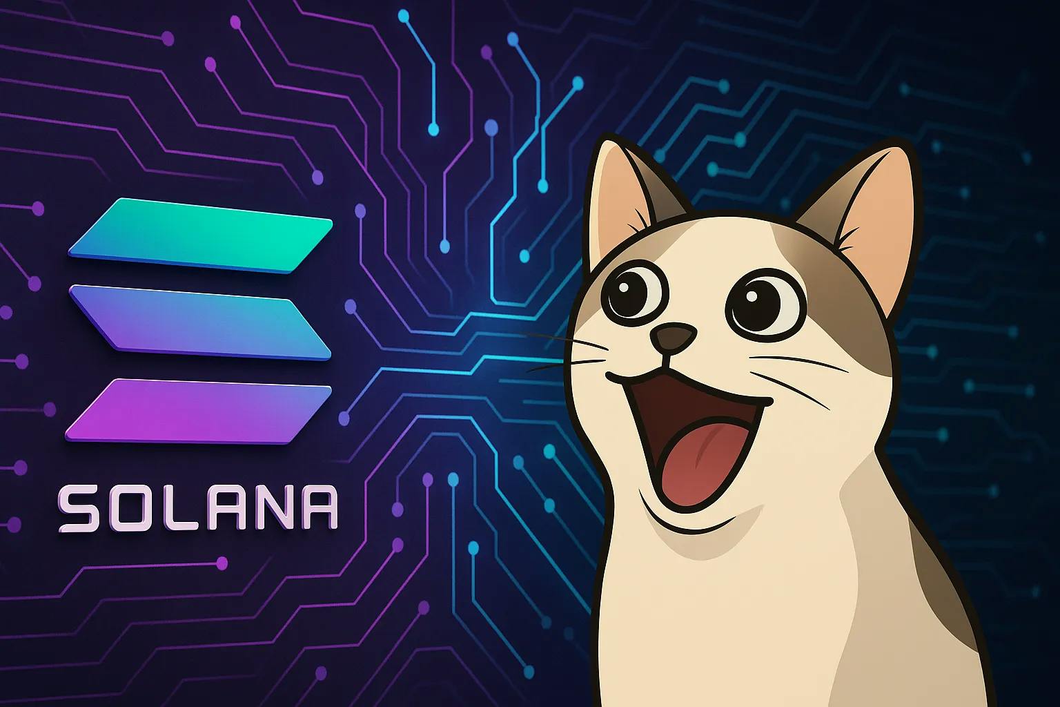 Collage of Dogwifhat, Bonk, Popcat, Book of Meme, Wen, Pudgy Penguins, and Cat in a Dogs World logos with vibrant Solana community art