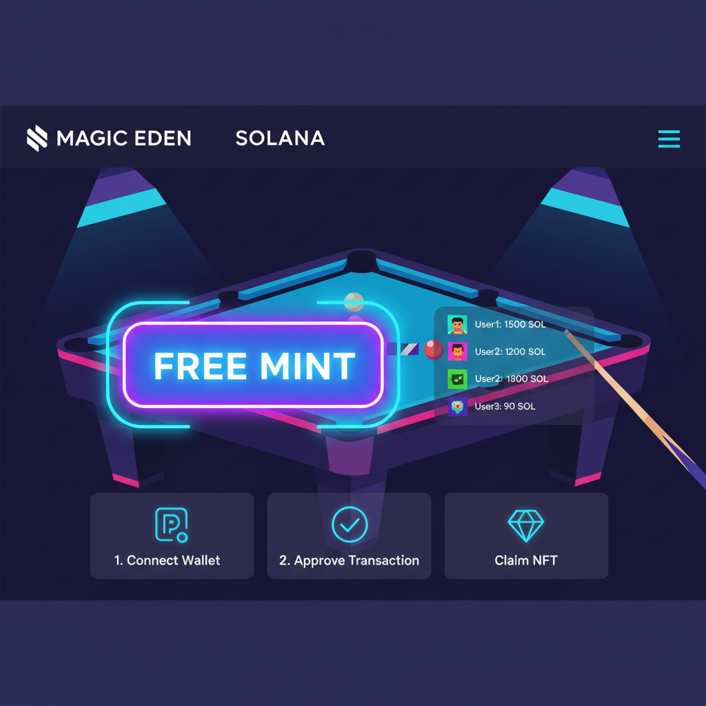 solana nft mint page on magic eden, free mint button highlighted, leaderboard preview, neon pool table background