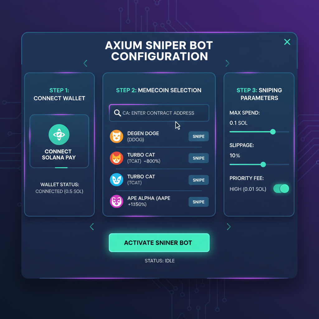 axium bot setup screen with solana memecoin sniping config, futuristic UI