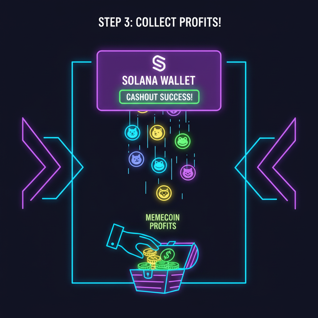 solana wallet cashout success, memecoin profits raining, neon lights