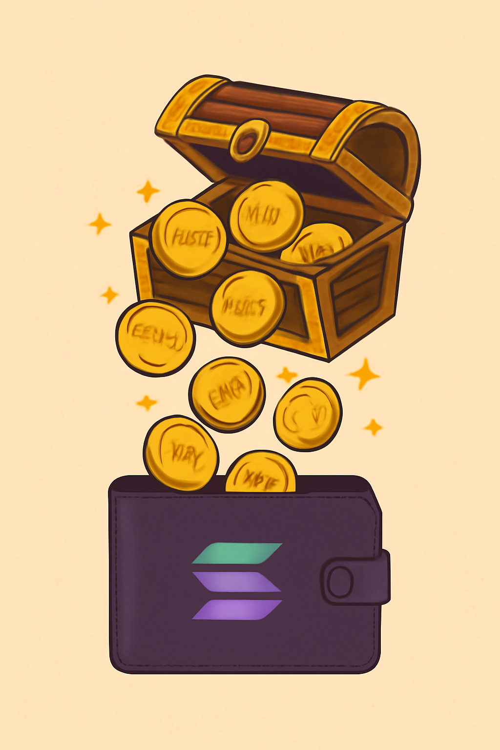 golden $VALAN tokens pouring into Solana wallet, fantasy coin chest vibe