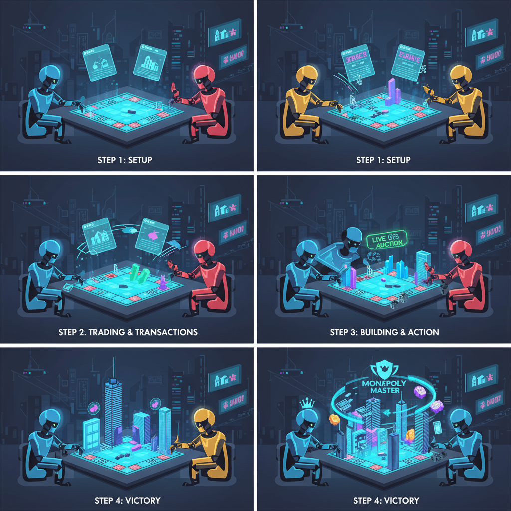 AI agents playing digital Monopoly board game live, holographic properties, trading cards flying, dynamic action, cyberpunk style