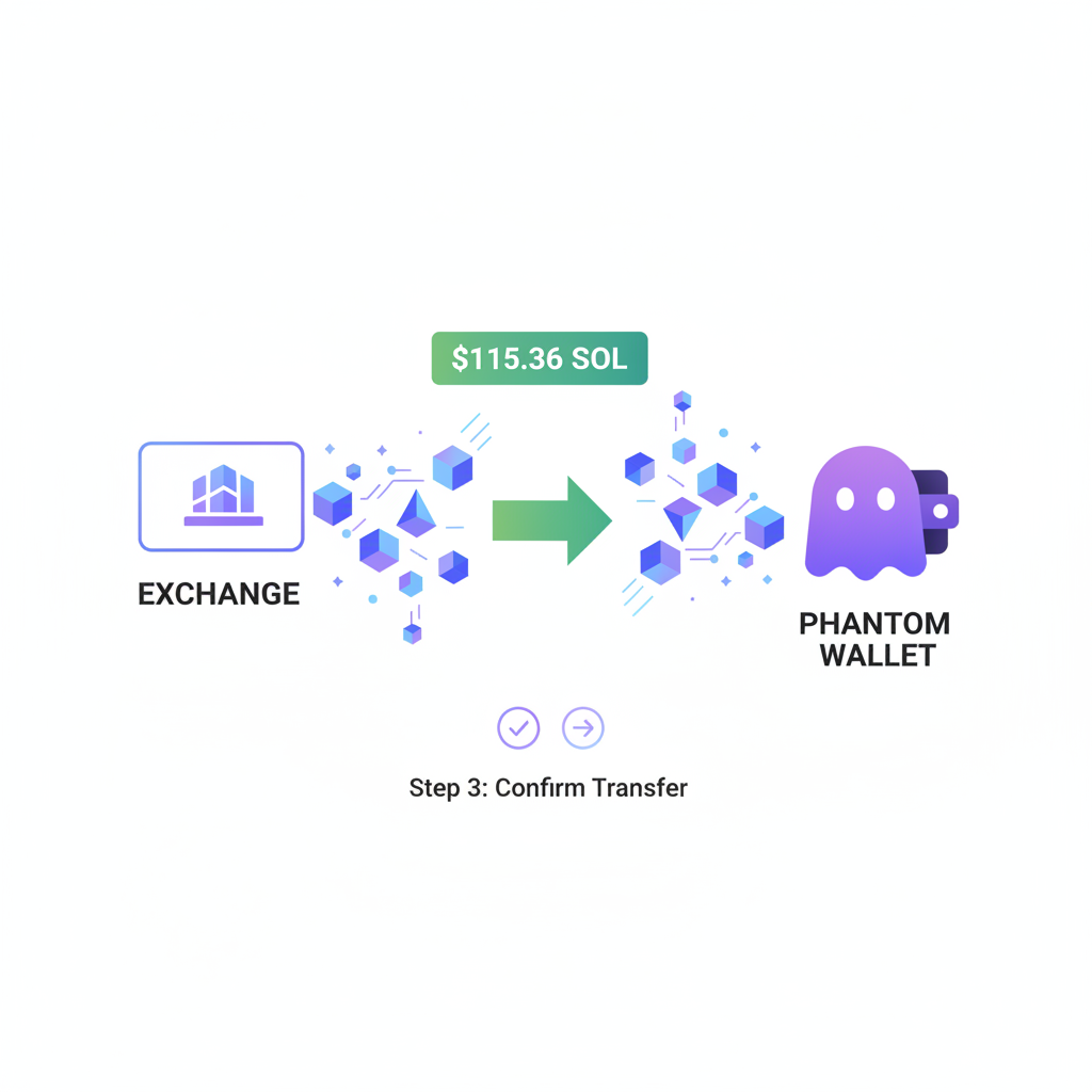 transferring SOL cryptocurrency from exchange to Phantom wallet, glowing blockchain animation, $115.36 price ticker