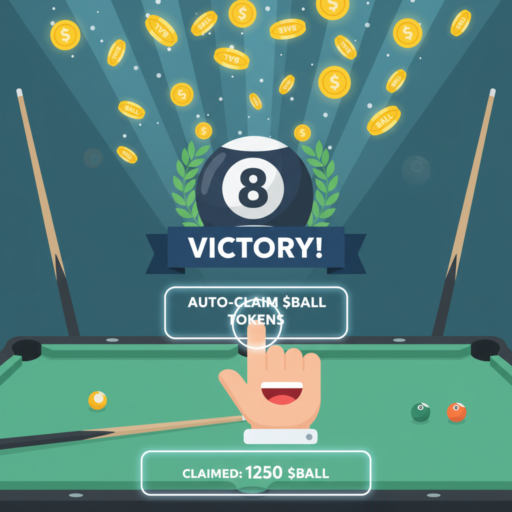 exciting 8-ball pool victory screen with $BALL tokens raining down, auto-claim animation