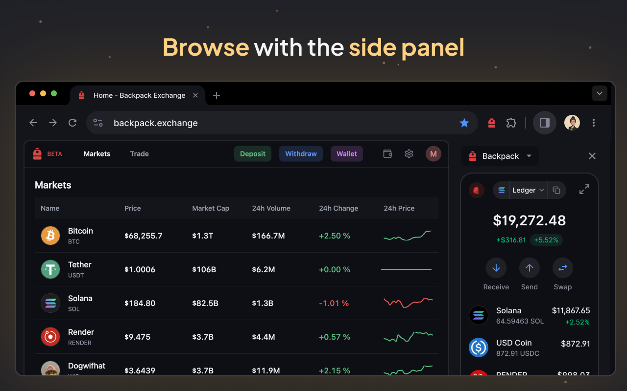 Backpack wallet dashboard with NFT and DeFi integrations