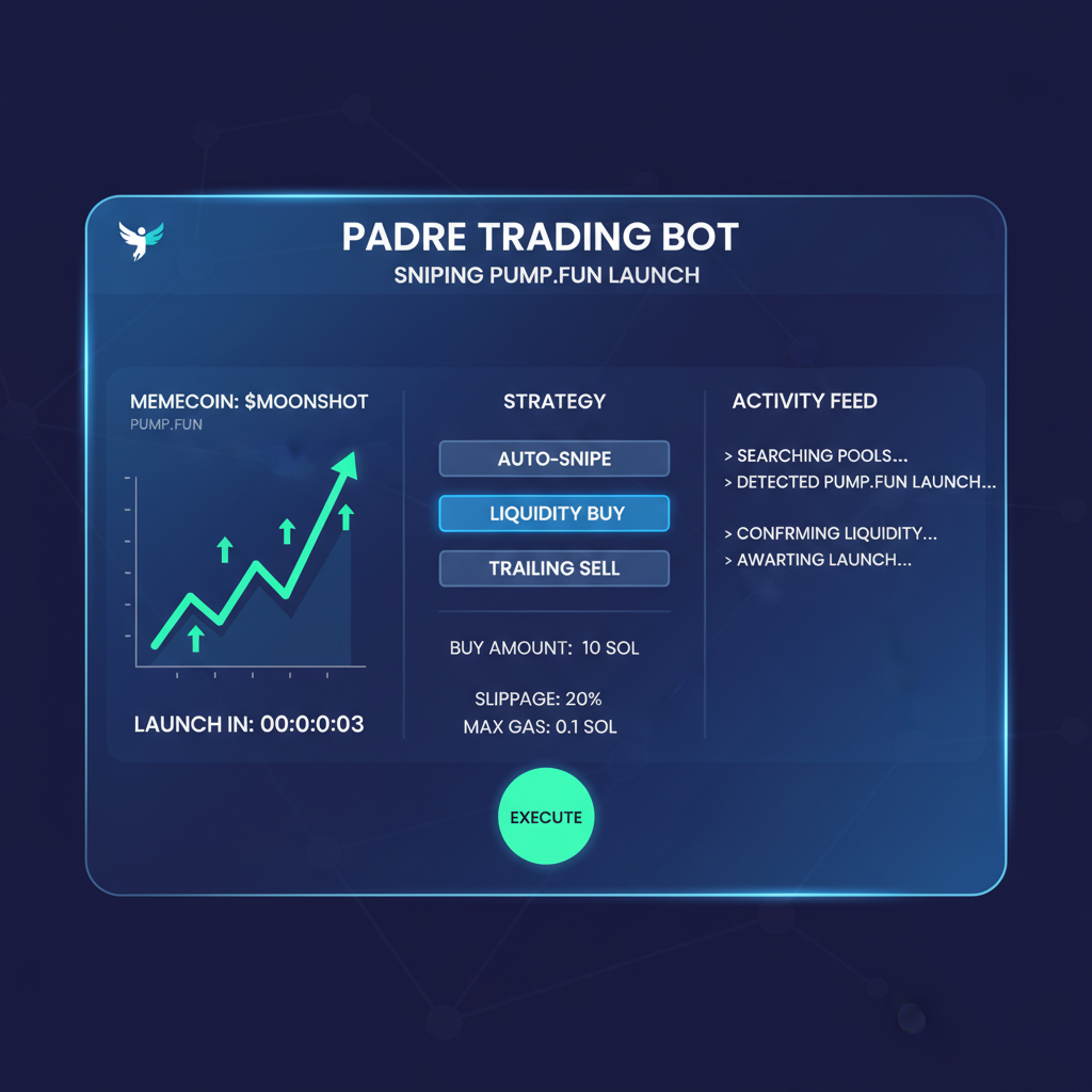 padre trading bot dashboard sniping pump.fun memecoin launch, holographic interface