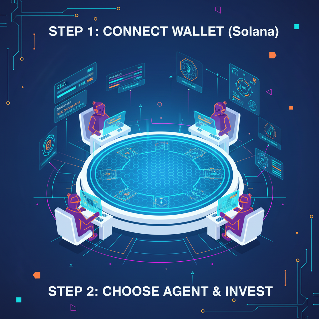 futuristic x402 Monopoly dashboard on Solana, agents playing board game, holographic UI, neon grid